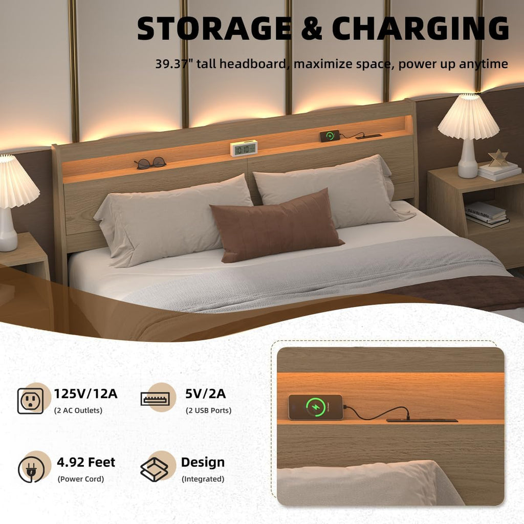 King Wooden Headboard with Storage Outlet USB LED Bed Backboard | Solid Wood Leg,Wall mounted panel,Sleeping