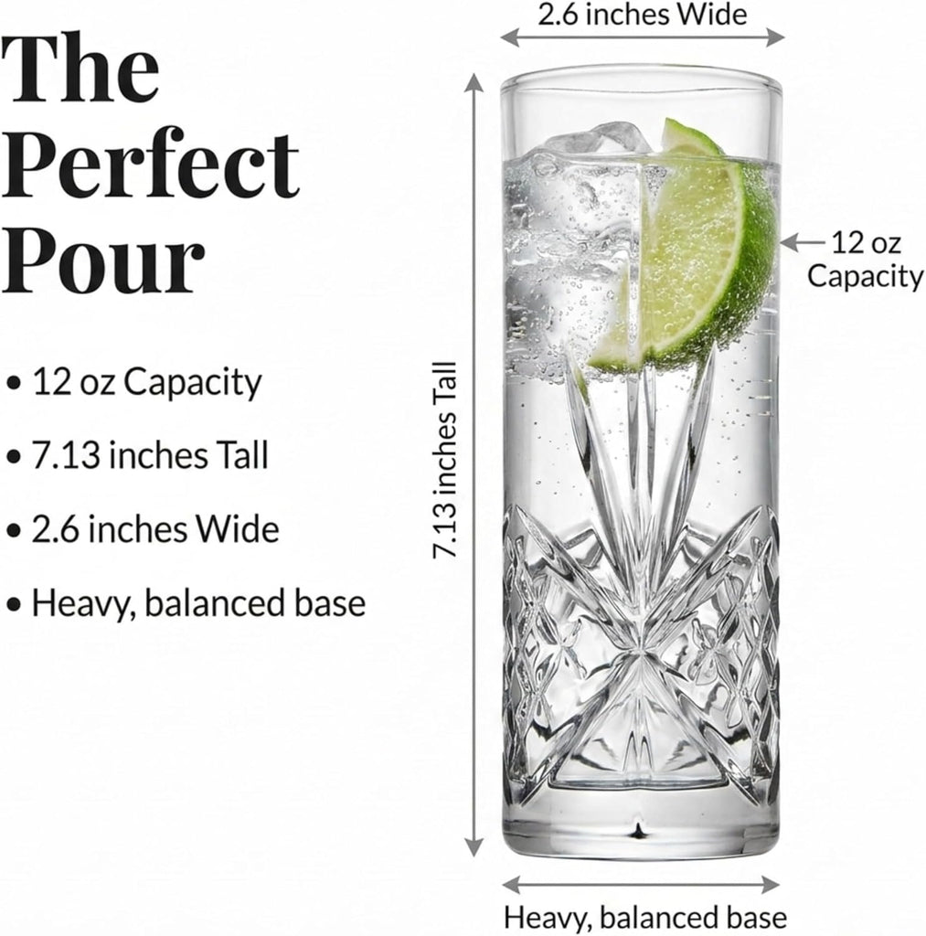 Tall Beverage Glasses Collins All Purpose Drinking Glasses- Dublin Collection, SET OF 4
