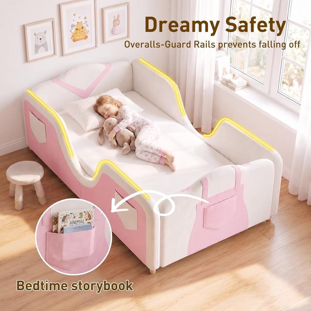 Toddler Bed, Toddler Floor Bed, Upholstered Toddler Bed Frame | Montessori Kid Bed, Wood Slats, 6 storage pockets