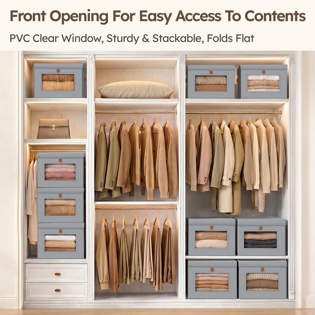 Storage Bins with Lids - Front Opening Storage Box with Clear Window & Handles, Stackable Foldable Fabric Bins for
