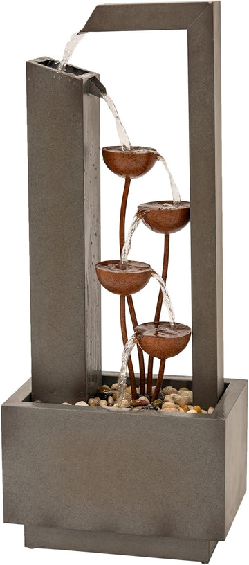 38" Tall Gray and Bronze Metal Sculptural Flower Multi-Tier Freestanding Water Fountain for Indoor & Outdoor Use