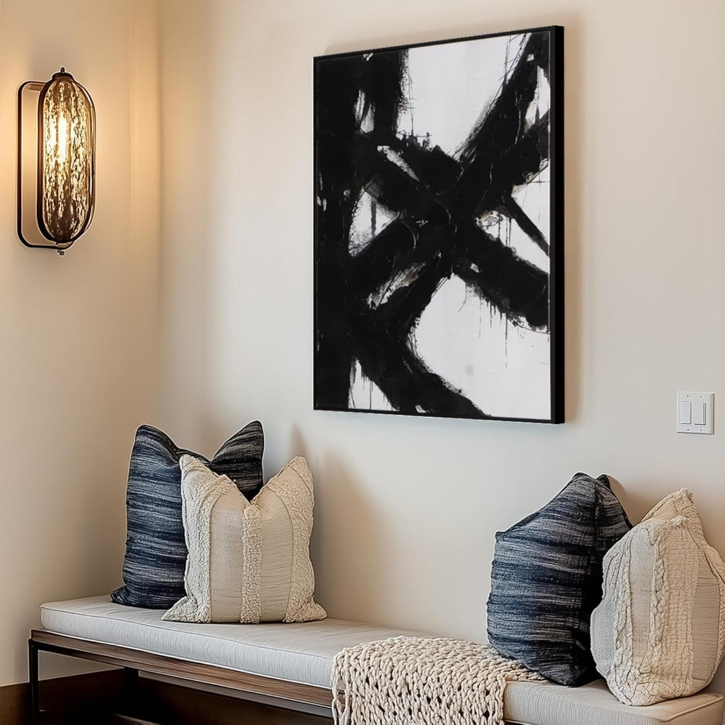 Black and White Abstract Canvas Wall Art - Framed 3 Pieces 20 x 28 Inches Modern Painting Prints with Hand-Painted