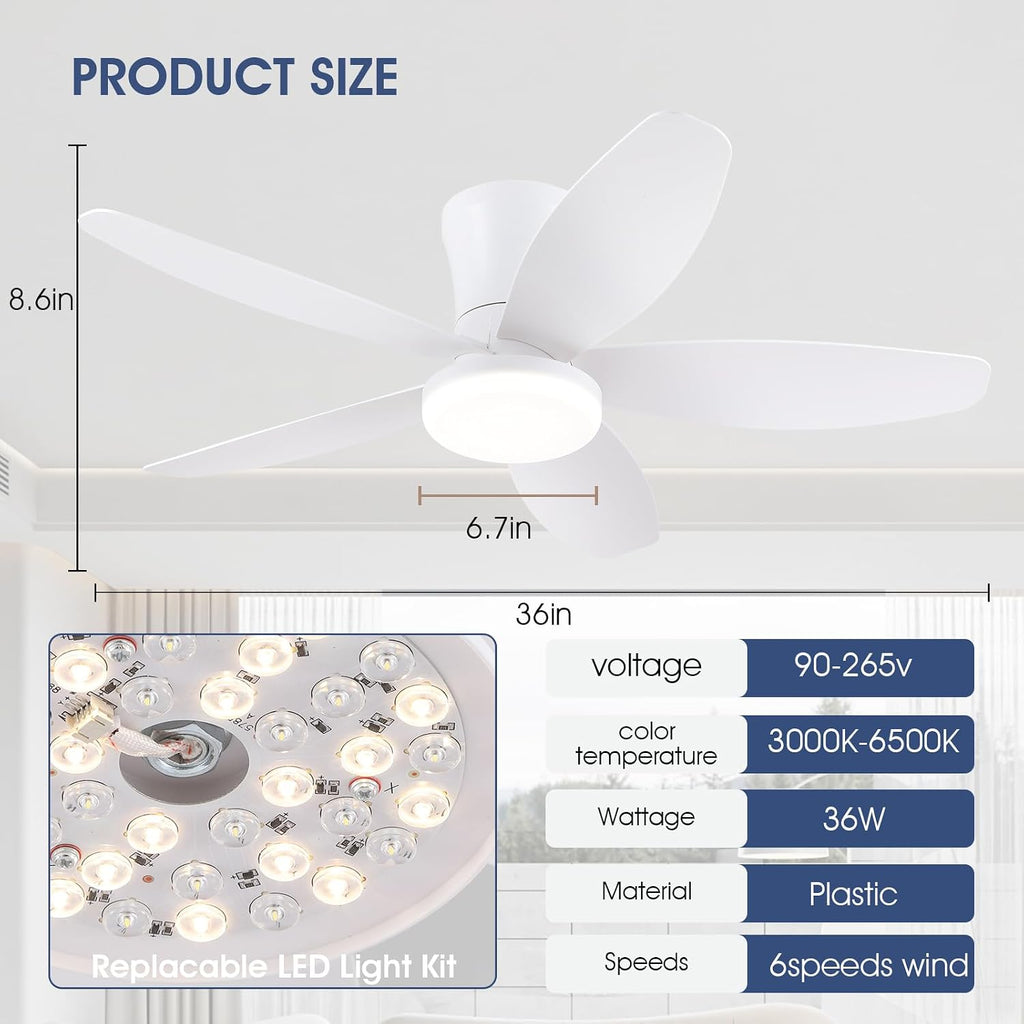 Ceiling Fans with Lights-36 Low Profile Ceiling Fan with Light and Remote/APP Control,Flush Mount,DC Reversible,LED Dimmable Modern Ceiling Fans for Bedroom,Indoor/Outdoor Patio Use(White)