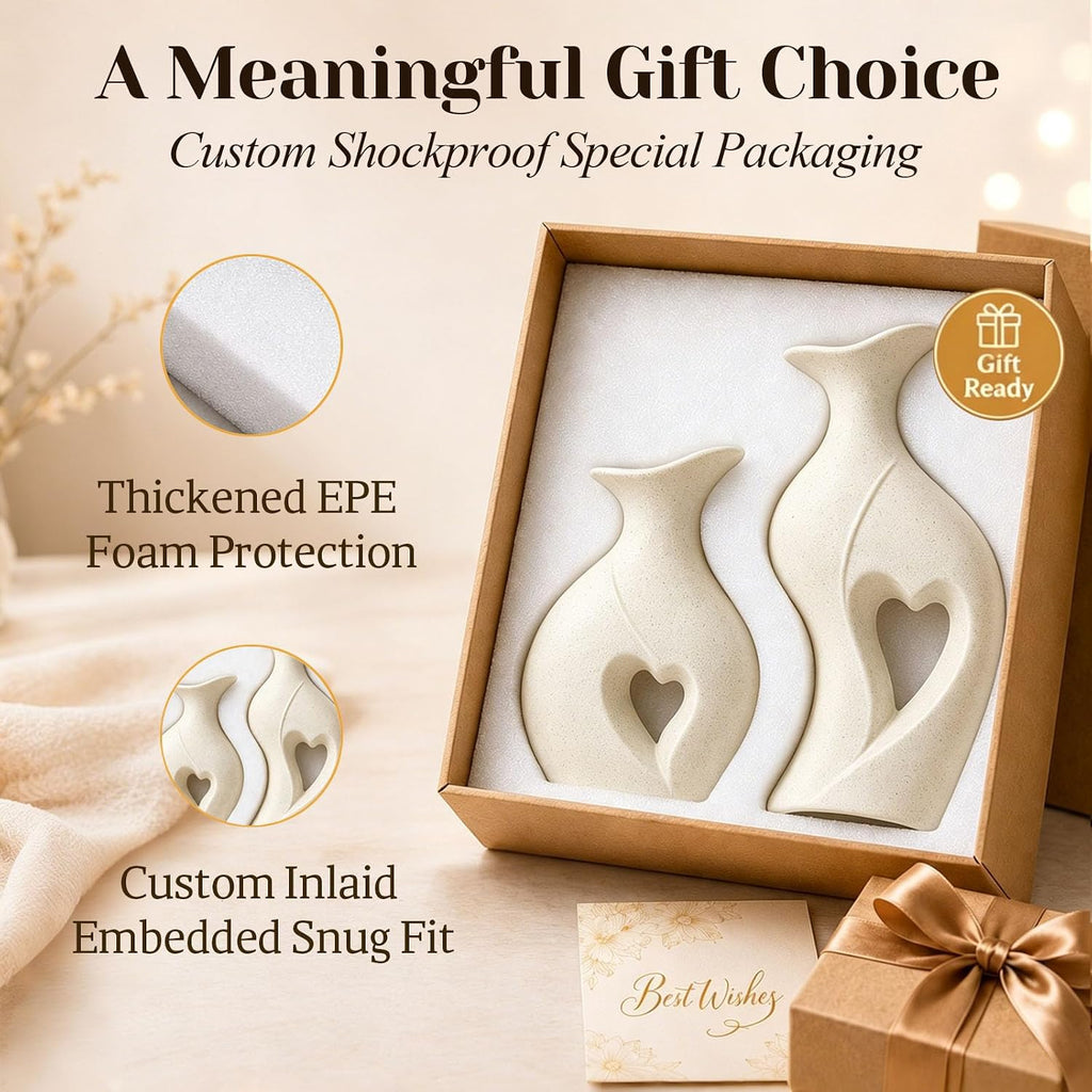 Heart Shaped Flower Vase Set of 2 Boho Modern Ceramic Vase (Cream) | Coffee Table Vase, Couples Wedding Gifts