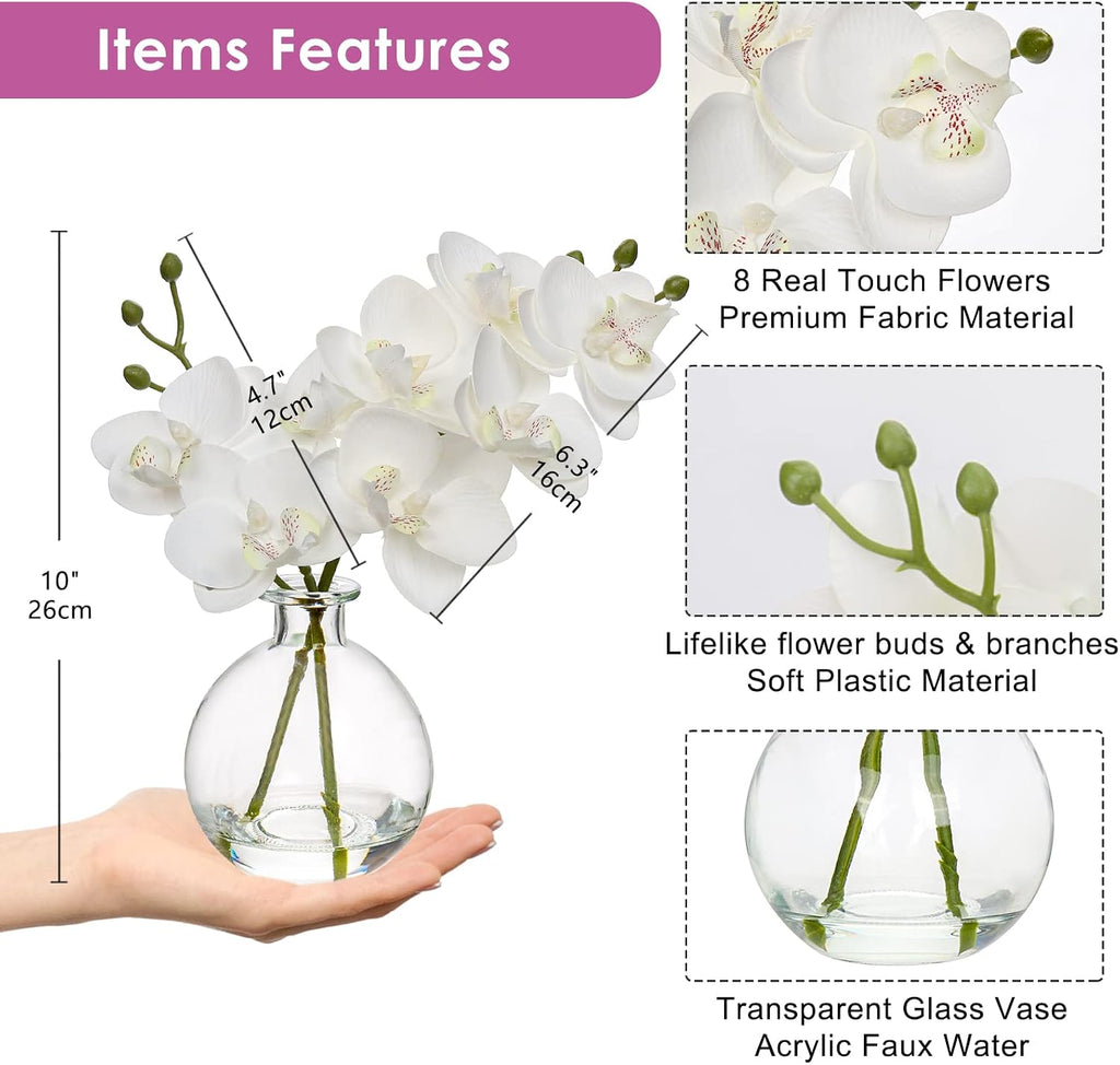 White Orchids Artificial Flowers Faux Orchid Arrangement with Clear Glass Vase Set of 2 Real Touch Phalaenopsis