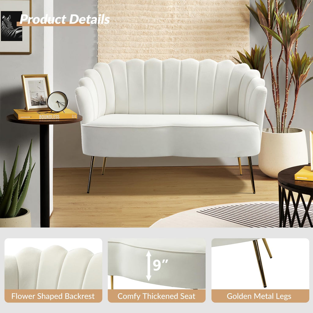 Modern Loveseat Sofa with Flower Shaped Backrest, Ivory