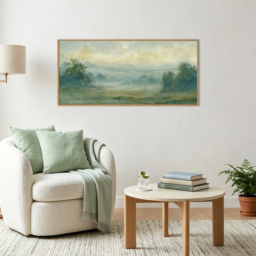 Green Abstract Minimalist Framed Canvas Wall Art,Neutral Landscape Horizontal Wall Decor,Watercolor Forest Mountain