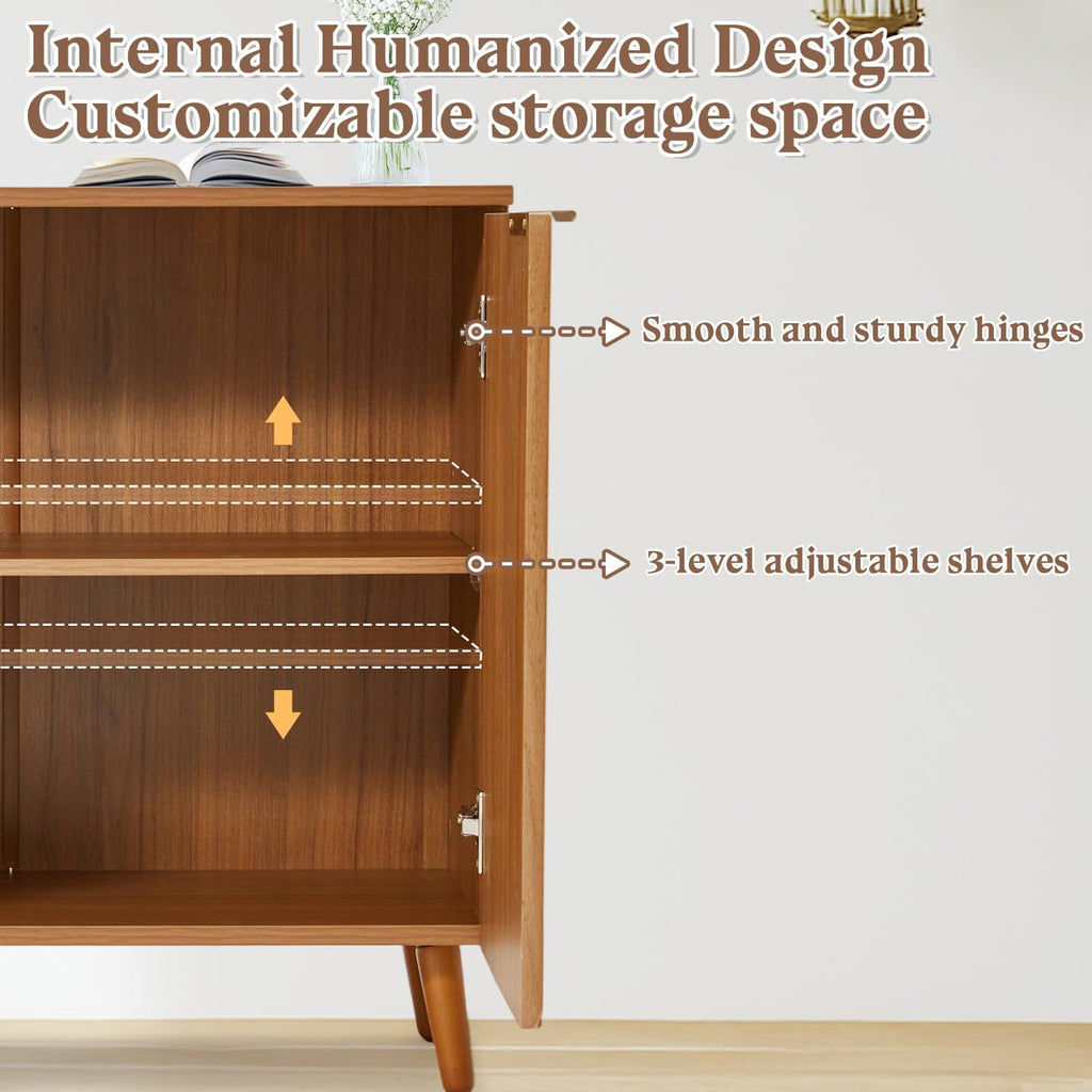 Fluted Brown Wood Sideboard Buffet Storage Cabinet with Doors | Adjustable Shelf, Modern Accent Table, Sturdy Frame