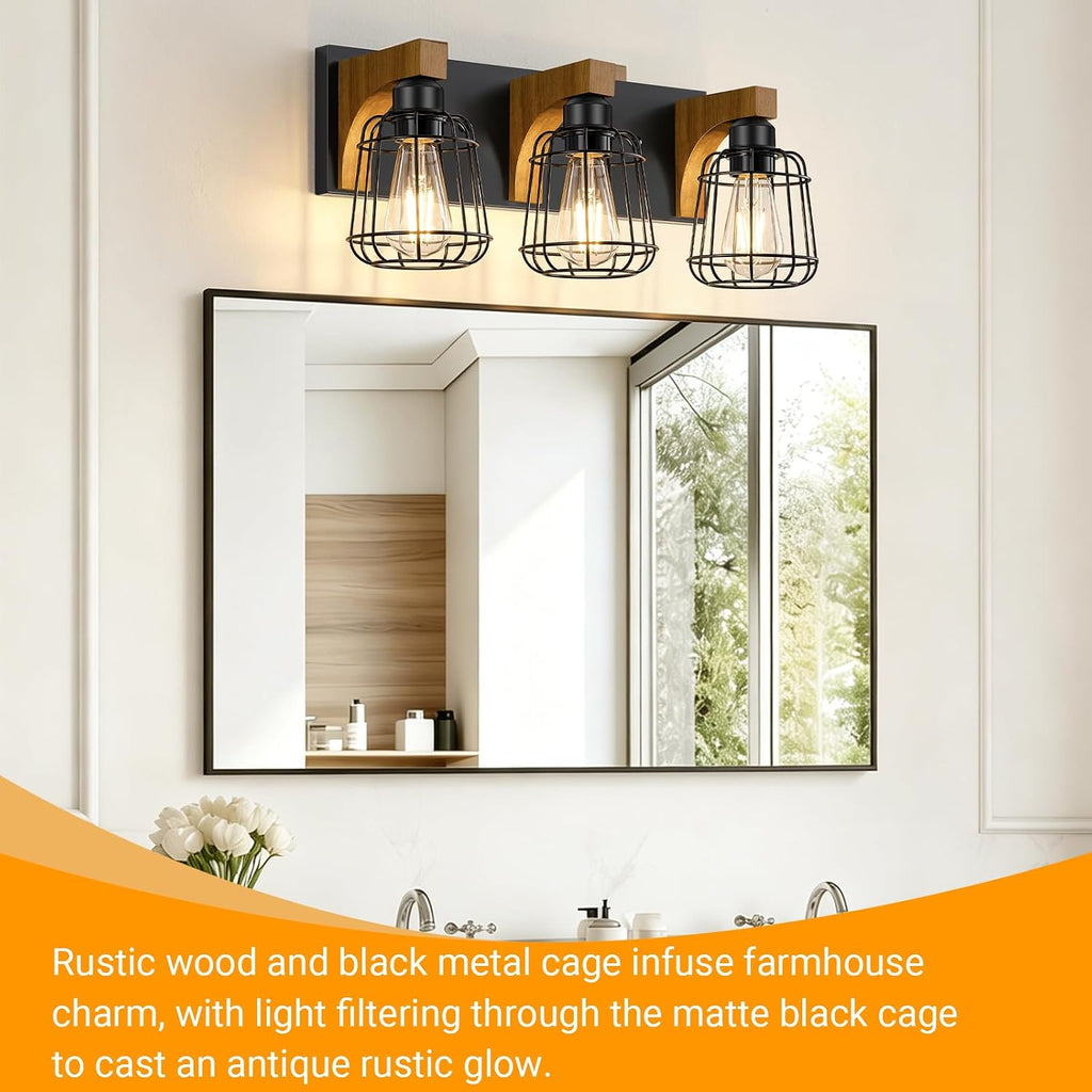 3-Light Bathroom Light Fixtures, Wood Bathroom Wall Lights, Modern Bathroom Vanity Light with Cage Metal Shade