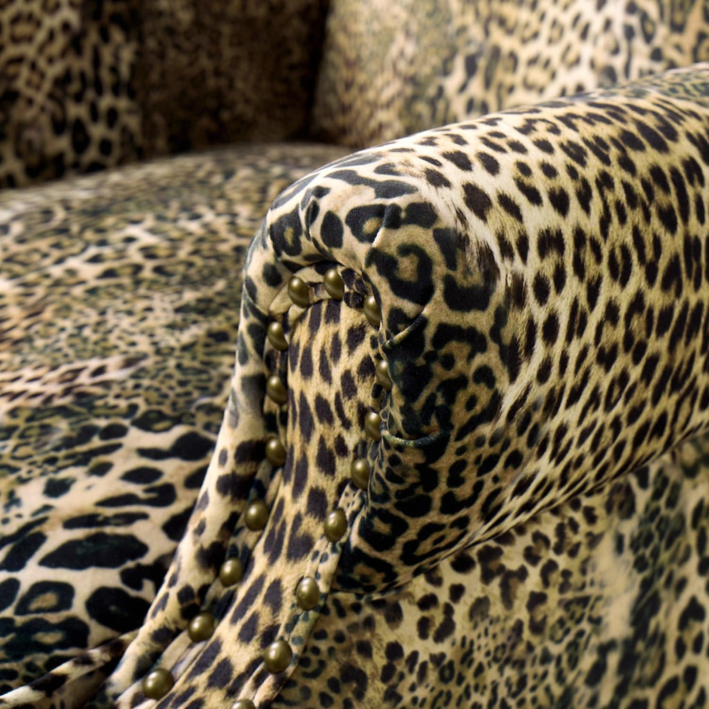 Wingback Accent Chair with Leopard Print Fabric, Retro Armchair with Nailhead Trim and Solid Wood Legs, Comfortable