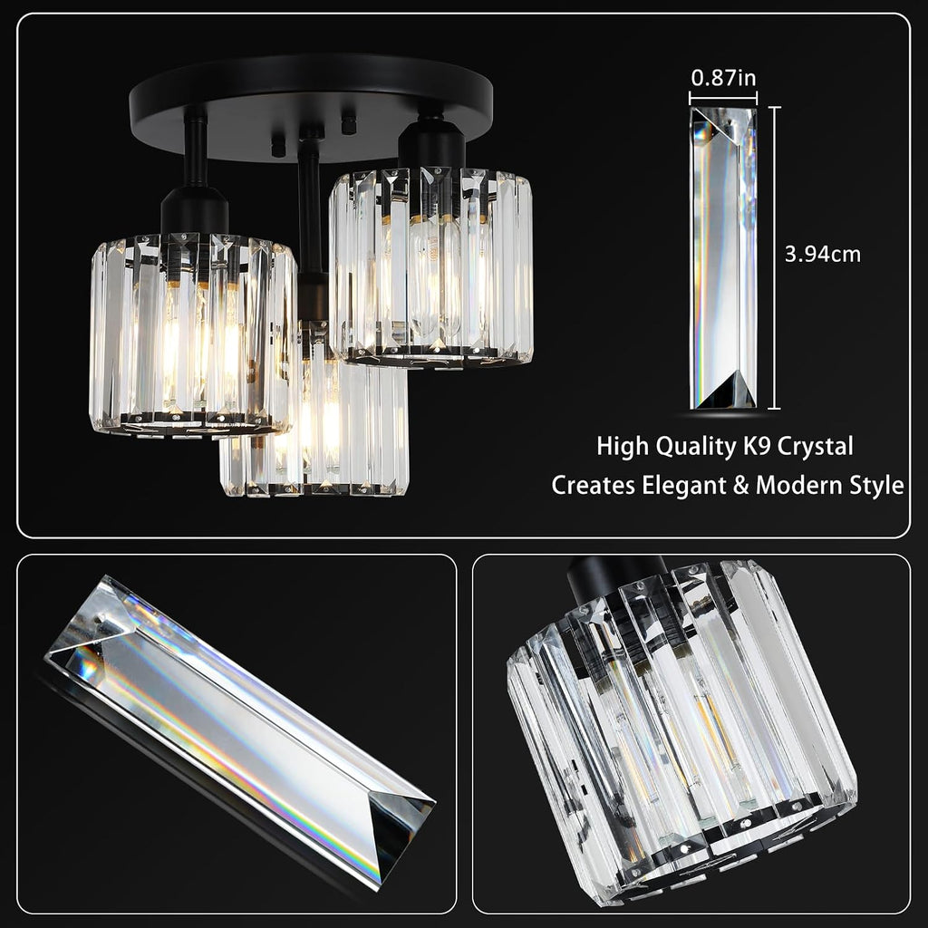 Crystal Semi Flush Mount Ceiling Light,3-Light Modern Close to Ceiling Light Fixtures,Black Kitchen Light Fixtures