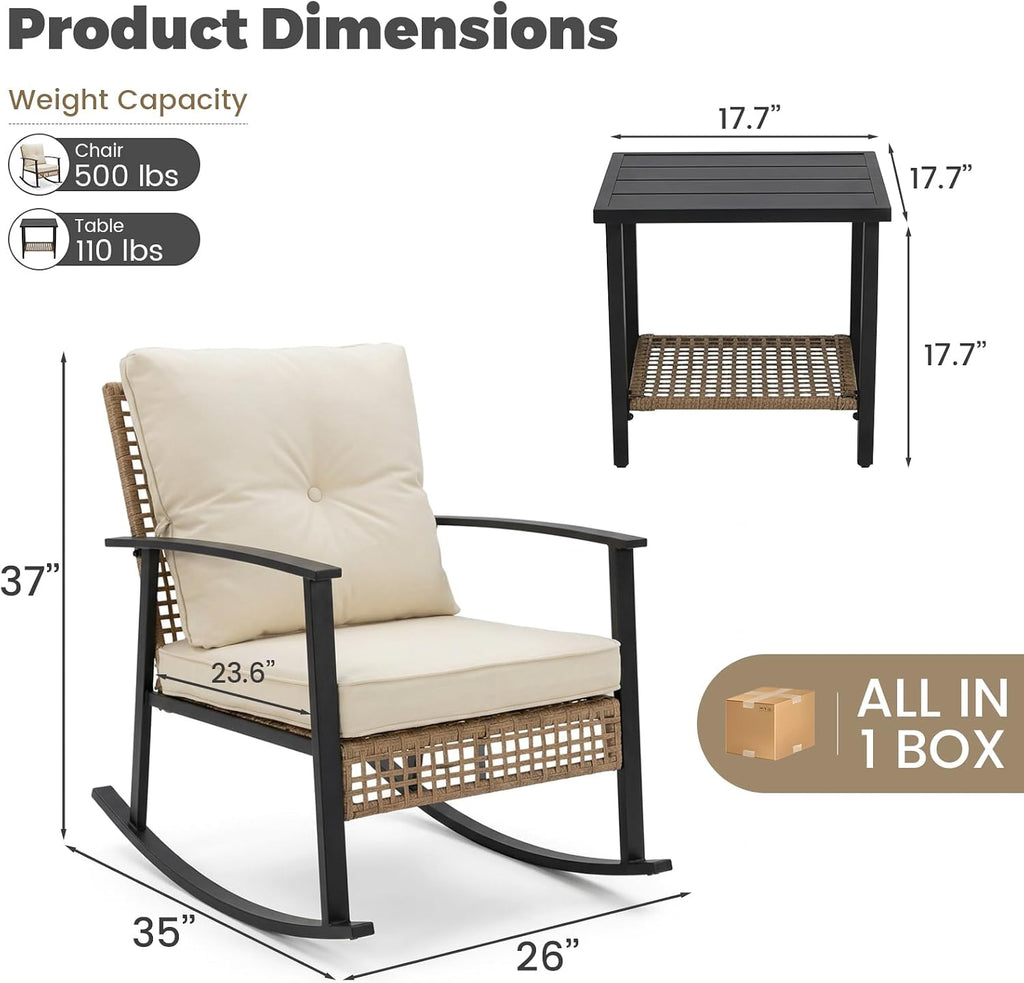 Outdoor Rocking Chairs Set of 2, 3-Piece Bistro Patio Furniture Set with Thick Cushions, Wicker Rocking Chair &