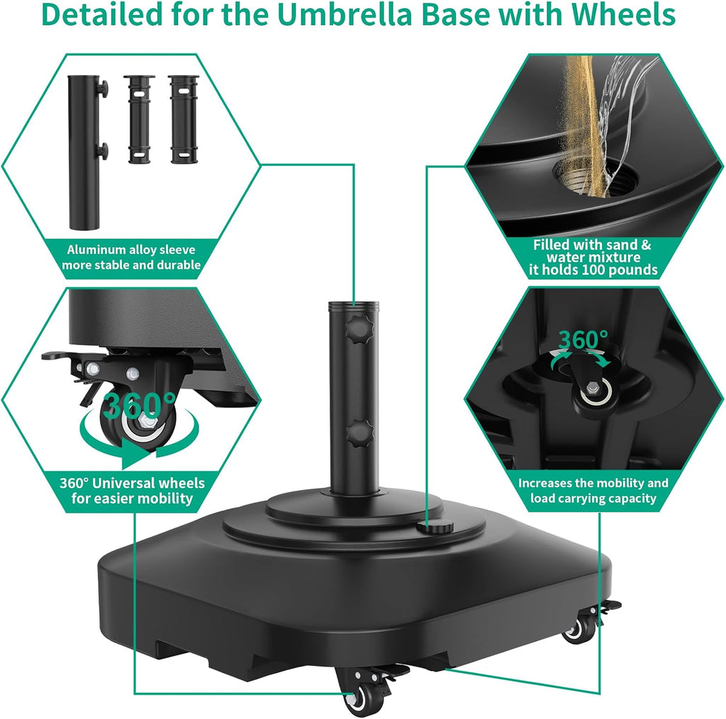 Umbrella Base with Wheels, Umbrella Stand Base Heavy Duty 100lb Windproof