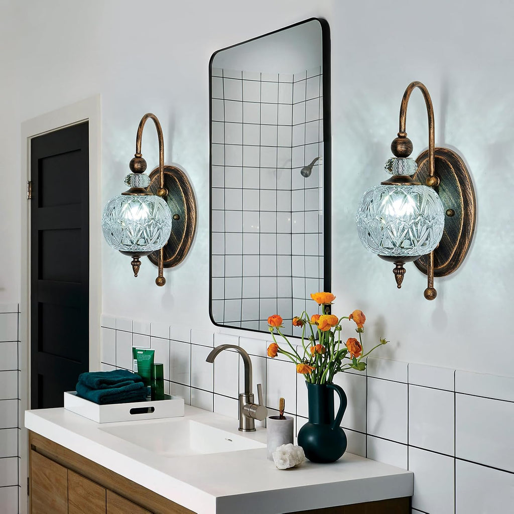 Vintage Bronze Wall Sconce with Glass Globe Shade Mid Century G9 Bulb Wall Light Indoor Wall Lamp for Bathroom