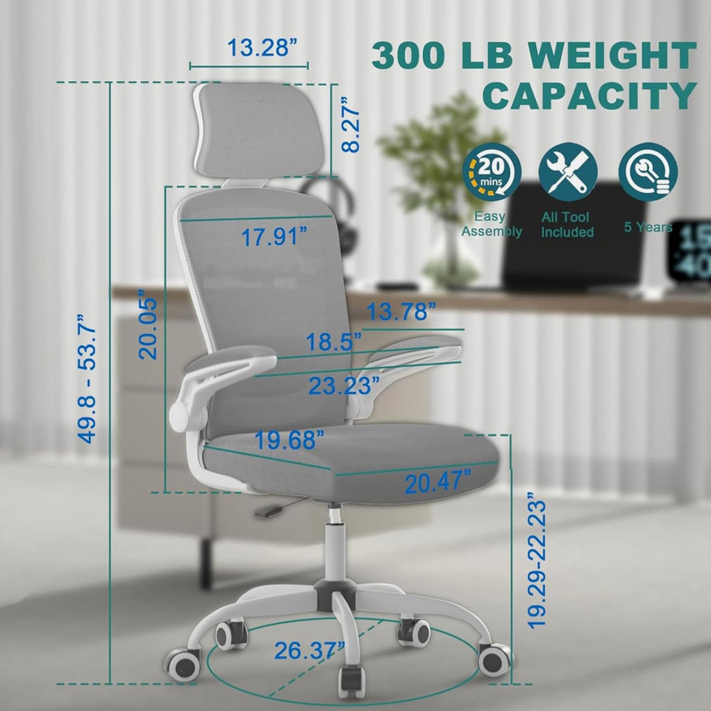 High Back Ergonomic Desk Chair with Adjustable Lumbar Support and Headrest, with flip-up Armrests for Guitar Playing