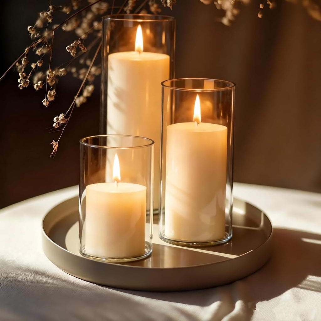 24 PCS White Pillar Candles with Glass Cylinder Vases Hurricane Glass Candle Holders for Pillar Candles Cylinder