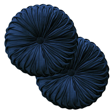 2 Pcs Round Throw Pillows Decorative Velvet Pleated Navy Blue