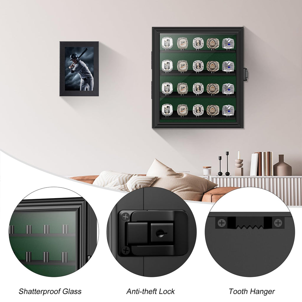 Championship Ring Display Case, Lockable Baseball Ring Holder with 20 Posts, Wooden Shadow Box Wall Mount for