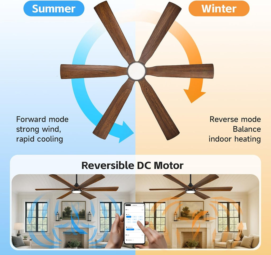 60 Inch Smart Outdoor Ceiling Fan with Lights for Patios, High CFM, Damp Rated 6 Walnut Wood Blades
