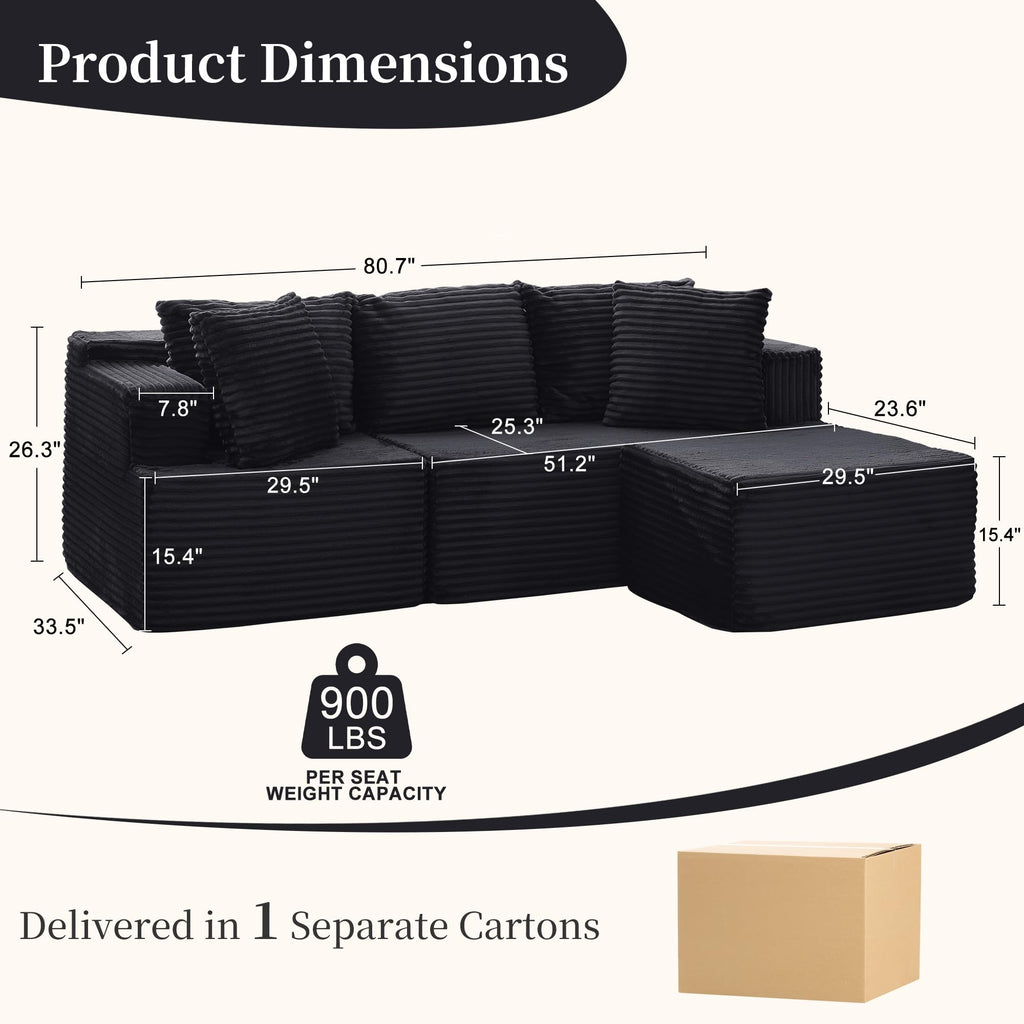 Cloud Modular Sectional Sofa with L-Shaped, Boneless Couches, Fluffy Comfy Corduroy Deep Seat with Ottoman, Bedroom