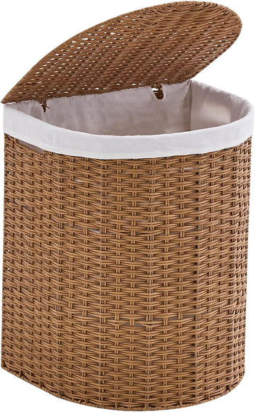 Wicker Half Moon Laundry Basket with Lid and 2 Replaceable Liner Bags, Handwoven Rattan Hamper for Dirty Clothes