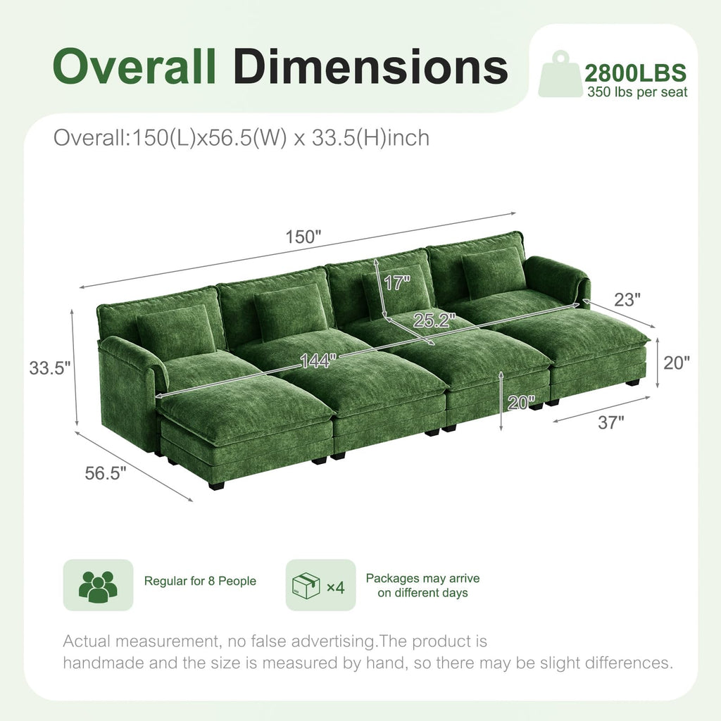 150" Oversized Green Sectional Cloud Couch, Modular Couches, Large 8-Seat Deep Seat Sofa Sleeper Bed, Modern Sofa