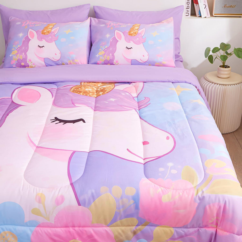 Comforter Set for Girls 5 Piece Unicorn Bedding Set for Girls Super Soft Microfiber Bed Set Bed in a Bag