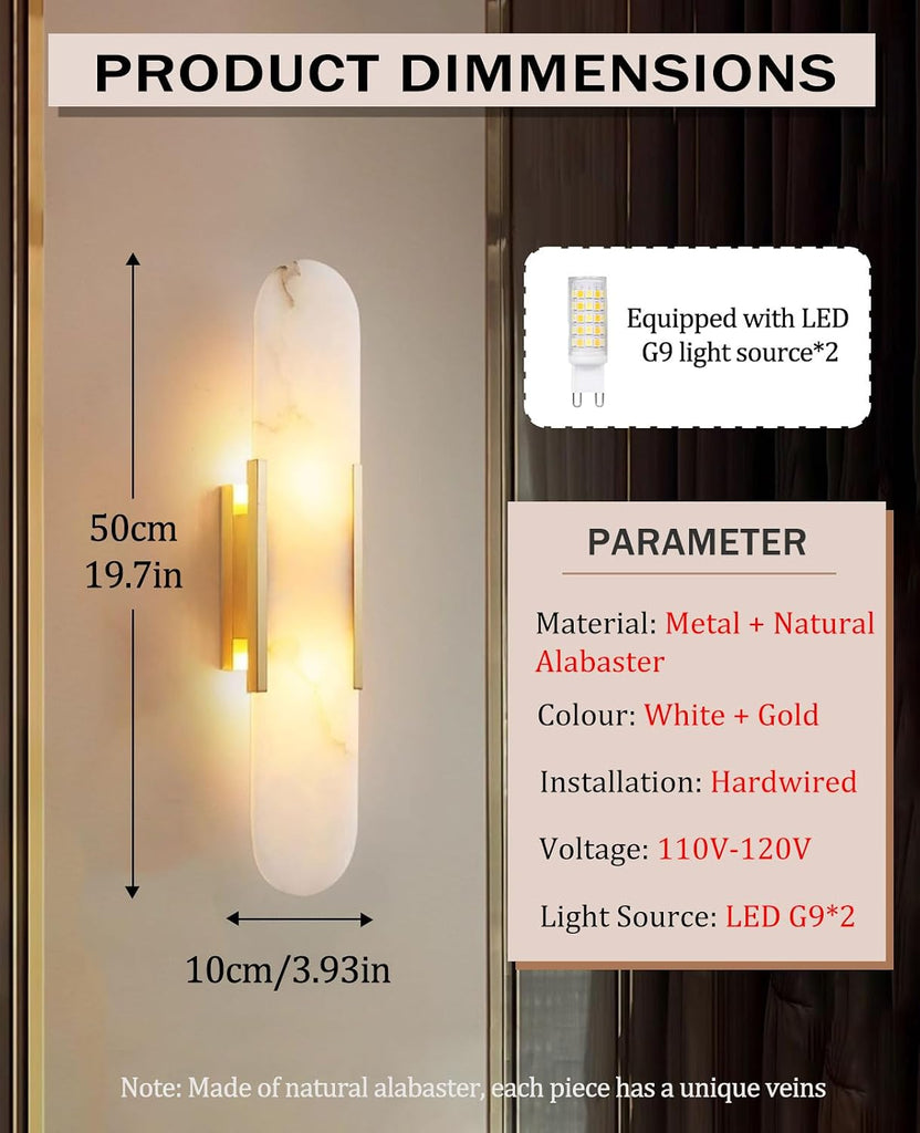 19.7" Alabaster Wall Sconce Natural Marble Sconce Indoor Mid Century Modern Wall Light Oval Stone Lampshade Vanity