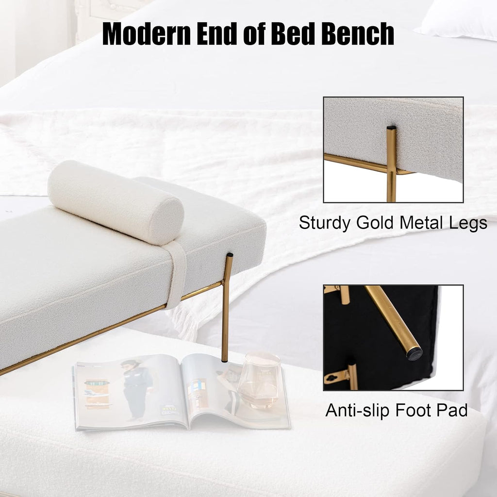 Modern End of Bed Bench, Upholstered Entryway Bench with Detachable Pillow , Faux Fur Ottoman Bench with Gold Metal
