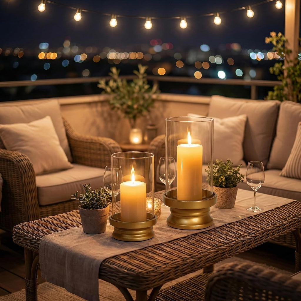 Gold Hurricane Candle Holders Set of 2 with Glass - Modern Pillar Candle Stands for Fireplace Mantel, Dining Table