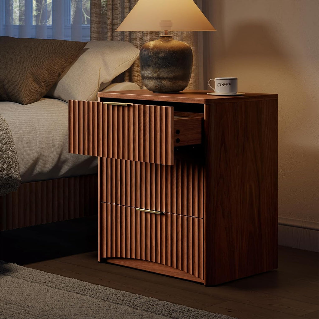 Fluted Nightstand, Walnut Bedside Table with 3 Drawers, Wood End Table with Storage Mid Century Modern, Large Night