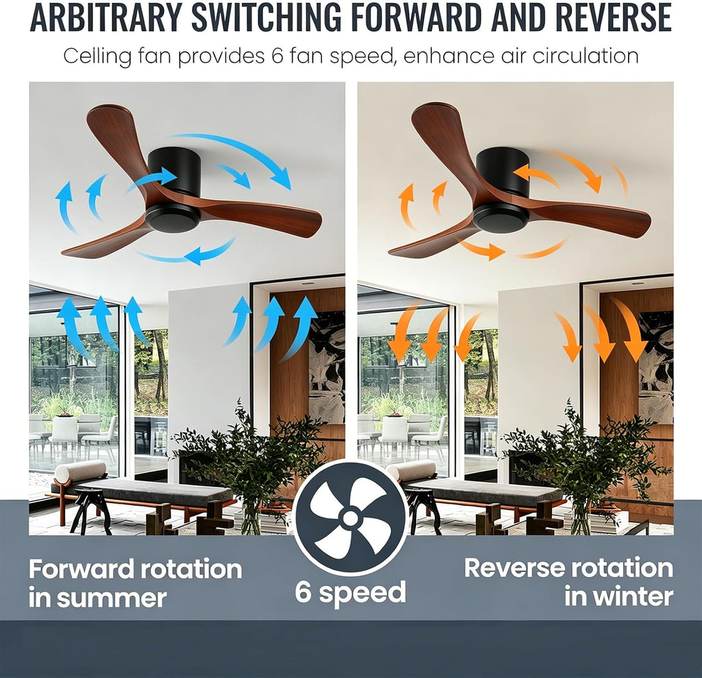 42 Inch Wood Ceiling Fan Without Light - Flush Mount, Remote Control, 3 Blade 6-Speed Reversible DC Motor, Noiseless Timer