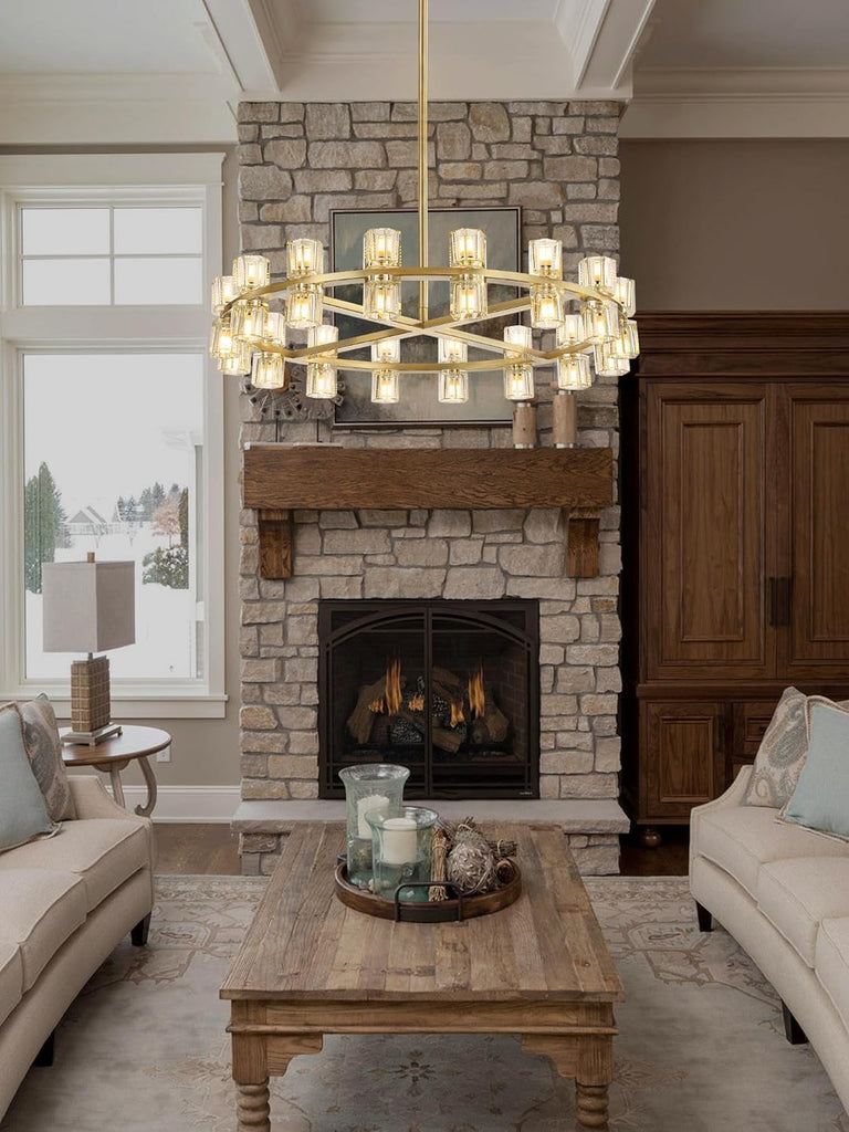 Inspired Arcachon Style Round Wagon Wheel Chandelier, 32" 32-Light Gold — Foyer, Dining & Living Room