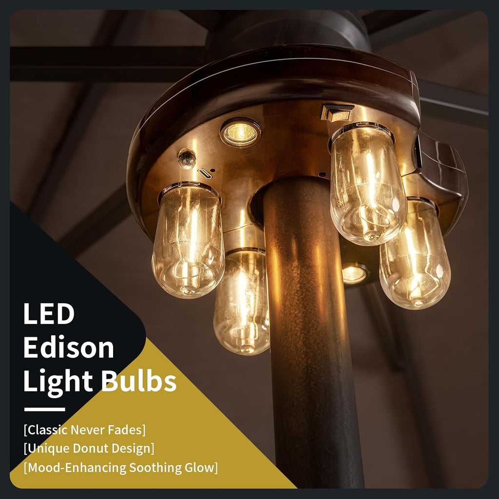 Patio Umbrella Light with Remote Control, Rechargeable Cordless LED Edison Bulbs Pole Light with 10 Brightness Levels -