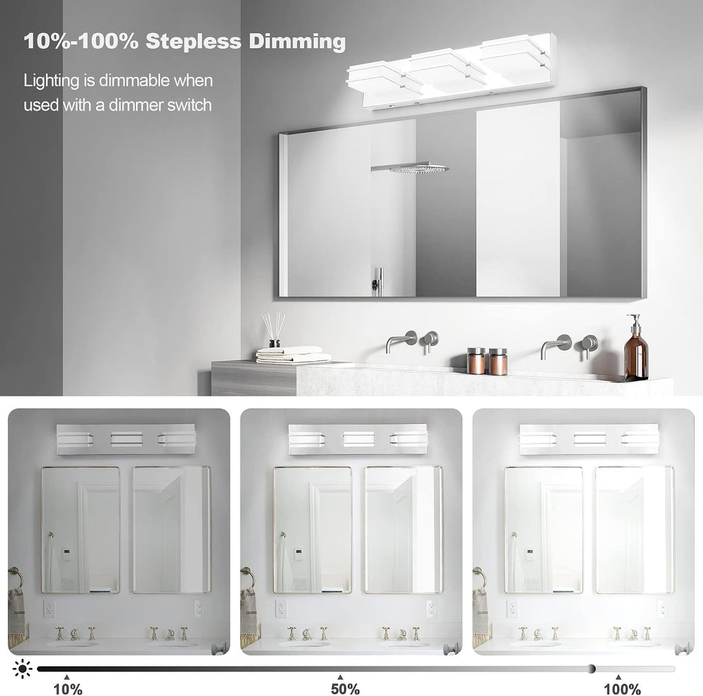 3 Color Temperature Dimmable Bathroom Light Fixtures over Mirror, LED Chrome 3 Light Vanity Lighting Fixtures