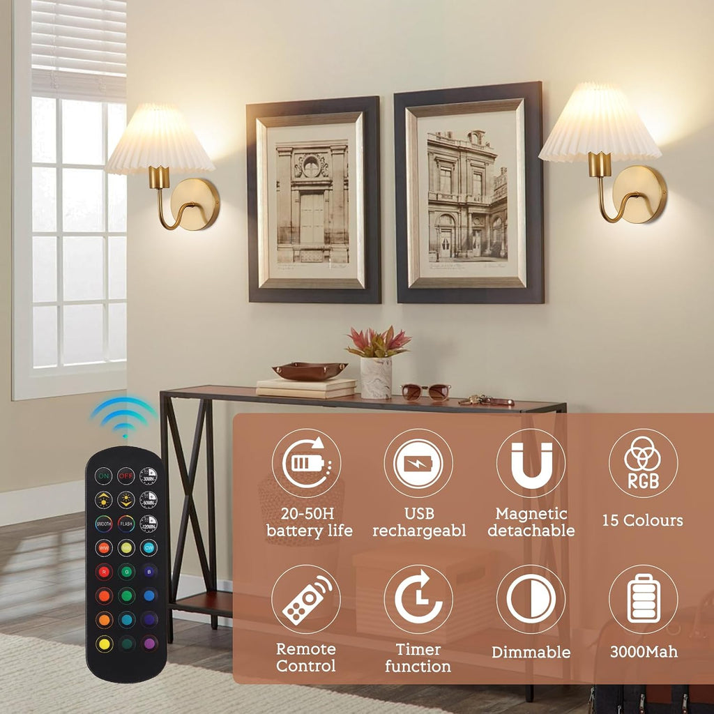 Wireless Wall Sconce Sets of 2, Pleated Shades Rechargeable Battery Operated Wall Sconce, Retro gooseneck Gold Wall