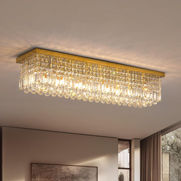 Rectangular Chandelier, Modern Dining Room Light Fixture with Raindrop Chandelier Crystals, 8 Lights Flush Mount