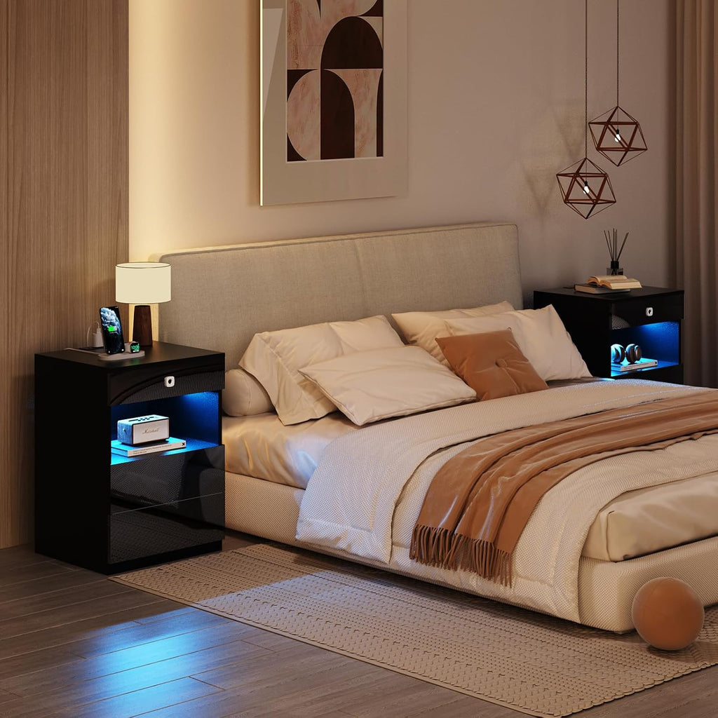 Smart Nightstand with Fingerprint Lock Drawer, Modern LED Nightstand with Charging Station, Bedside Table with Hidden