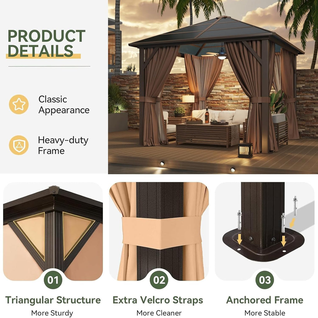 10'x10' Hardtop Gazebo, Outdoor Polycarbonate Top Canopy, Aluminum Frame Gazebo with Netting and Curtains