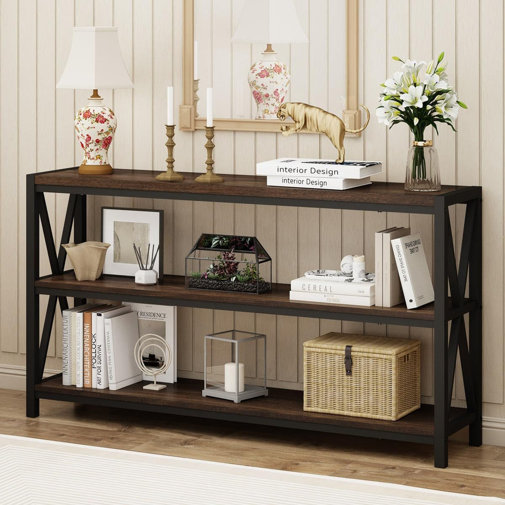 Console Table , Modern Entry Table with 3 Tier Shelves, Couch Tables Behind Sofa (55 Inch, Dark Walnut)