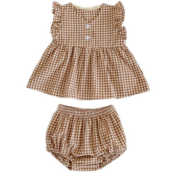 Baby Girls Summer Shorts Sets Infant Plaid Ruffle Sleeveless Tops Bloomer 2PCS Outfits Kakhi Months
