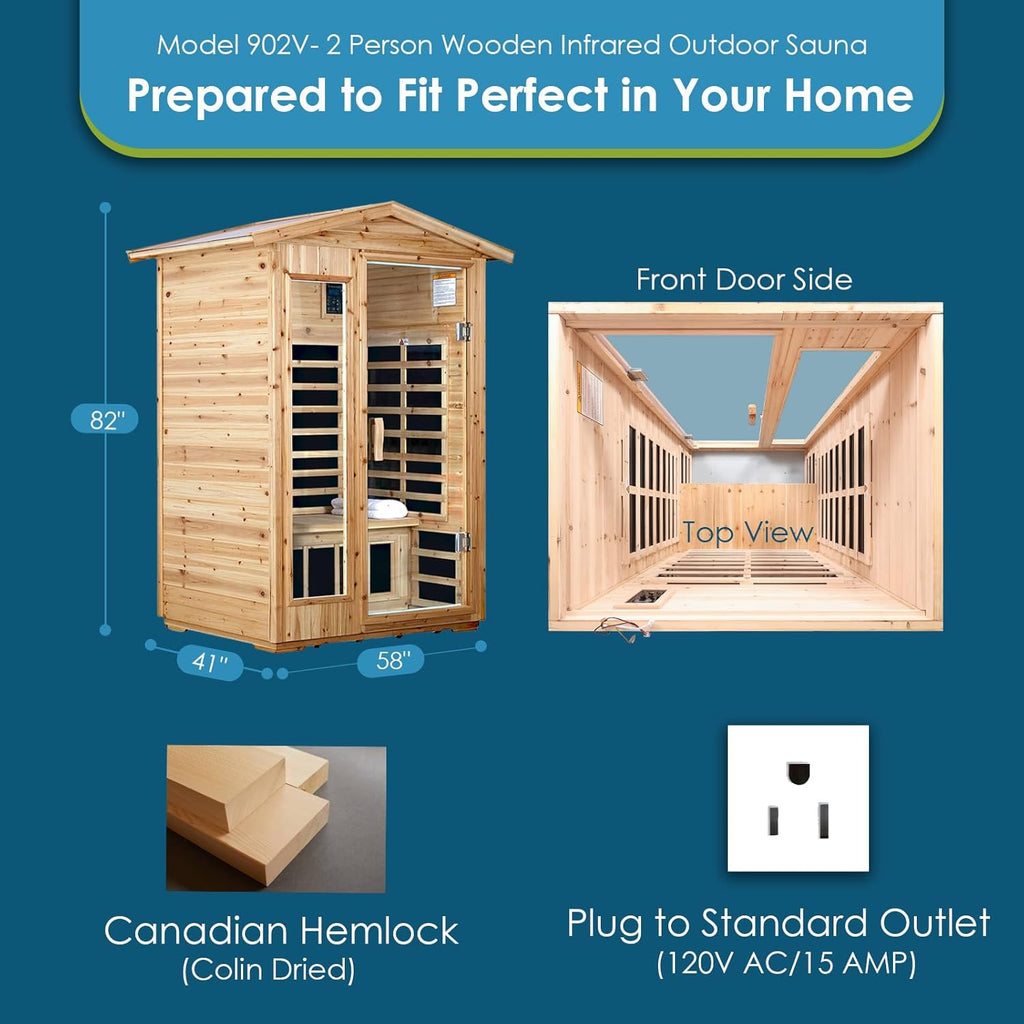 Saunas 902V Far Infrared Sauna, Outdoor Wooden Dry Sauna Low EMF (Hemlock Wood, 2-Person Size)