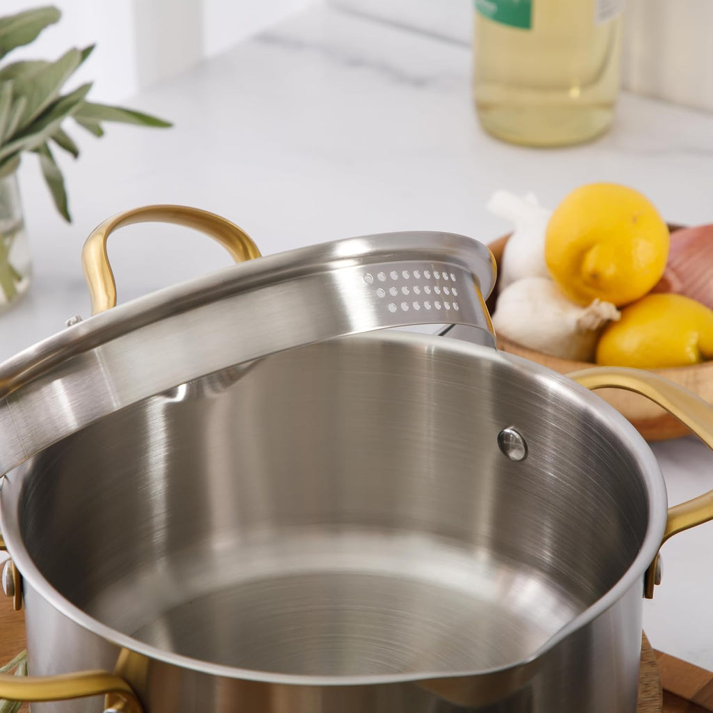 Platinum Sunstreak Pots and Pans Set, 10-Piece Stainless Steel Cookware Set with Glass Strainer Lids and Gold