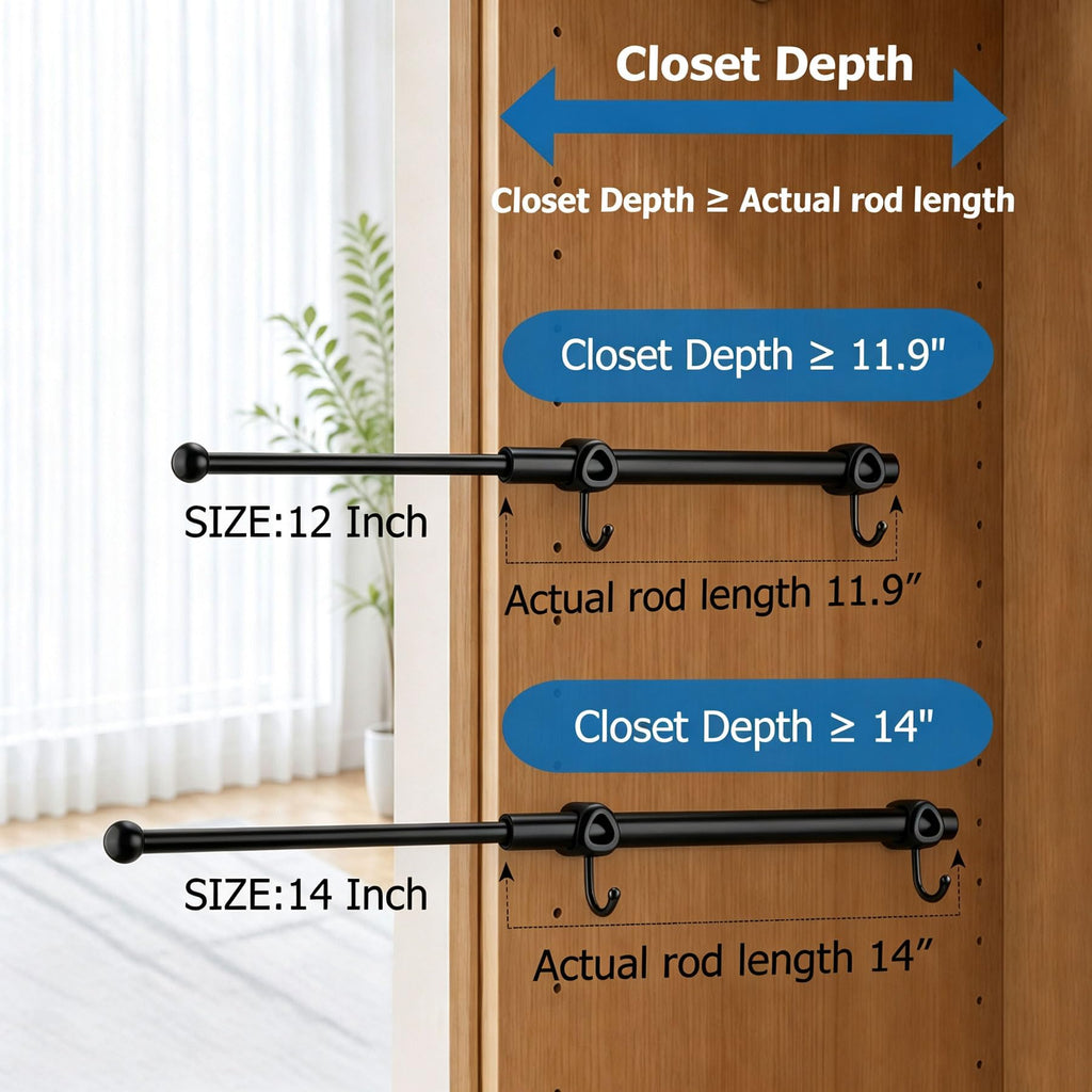 Valet Rod for Closet Pull Out with Hooks, Easy To Install (Black/2 Pack, 14 Inch)
