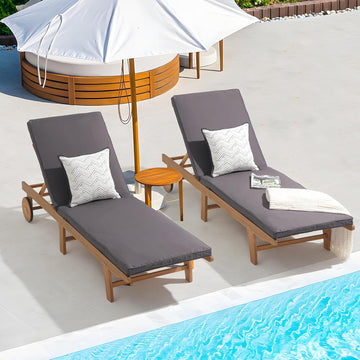 Patio Acacia Wood Chaise Lounge Chair of 2,Pool Chair, Dark Grey | Foldable Lounge Chair Recliner with Adjustable