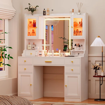 White Makeup Vanity Desk with LED Mirror & RGB Cabinets | Vanity Table with Charging Station and 6 Storage Drawers
