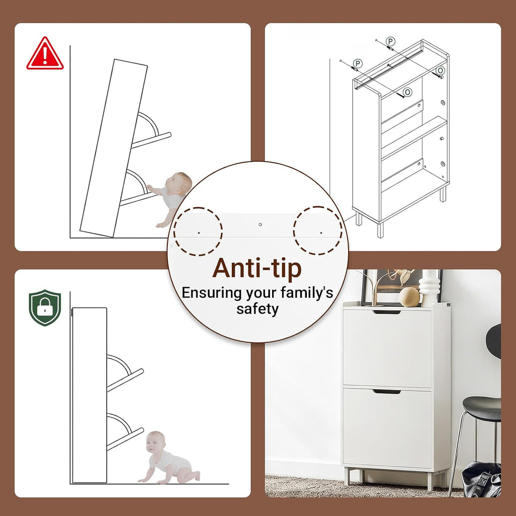 Slim Shoe Cabinet Entryway, Hidden Shoe Storage with Two Flip Drawers to Save Space, Freestanding Shoe Rack for Front