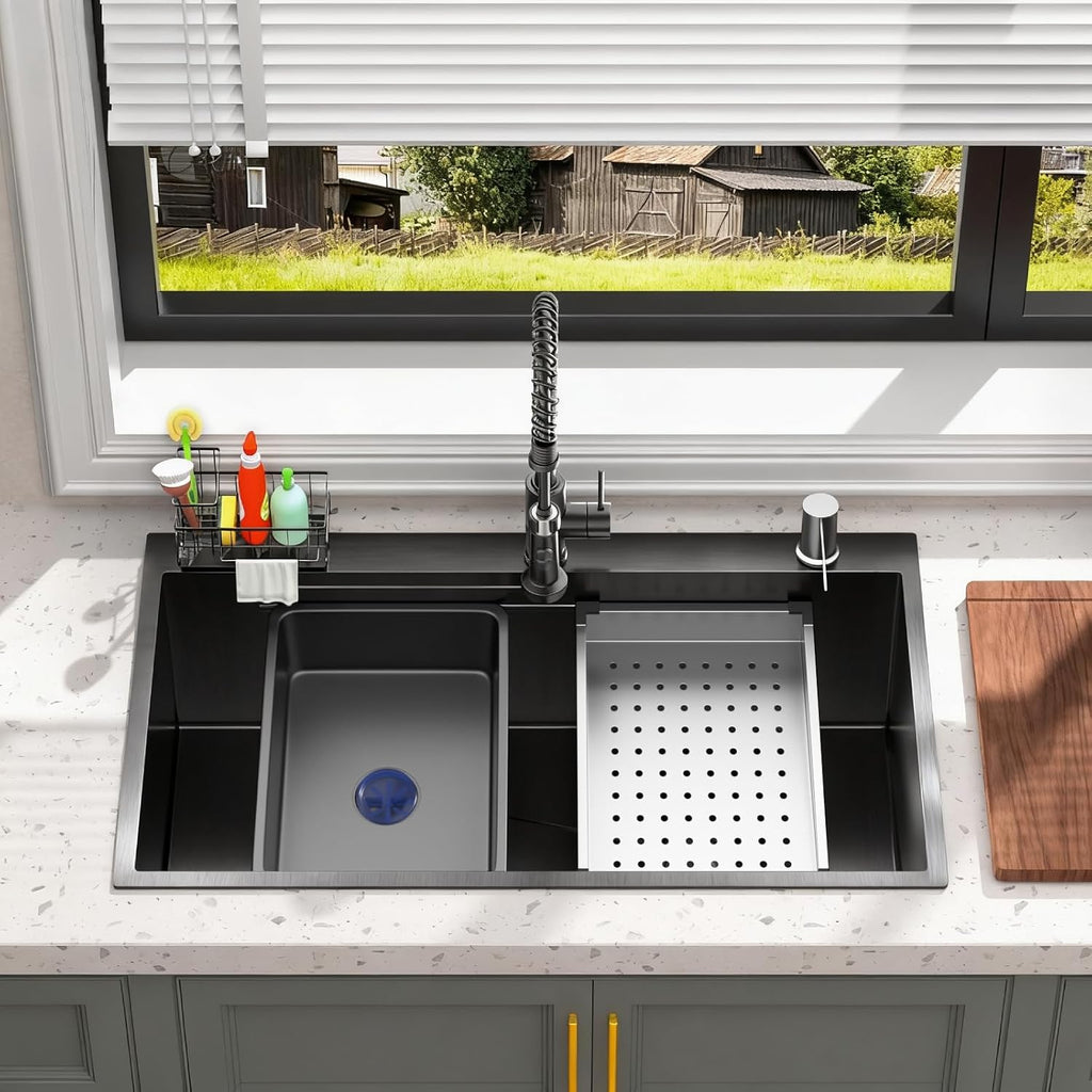 Black Drop- Sink:30in Stainless Single Bowl Sink &Accessories | Spacious 30-Inch Workstation Sink with 7-in-1