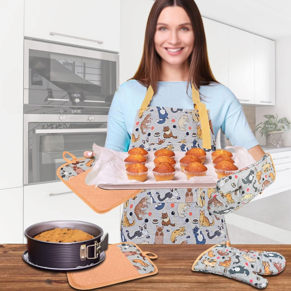 Oven Mitts and Pot Holders with Chef Apron,Kitchen Set of 5 | Heat Resistant Kitchen Gloves and Silicone Non-Slip