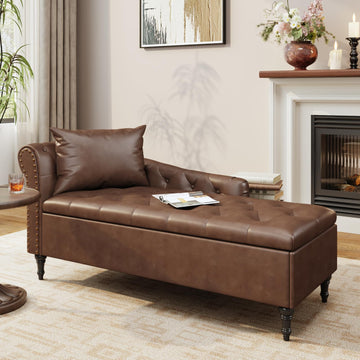 Faux Leather Chaise Lounge Chair with Storage, Left Rolled Armrest (Brown)